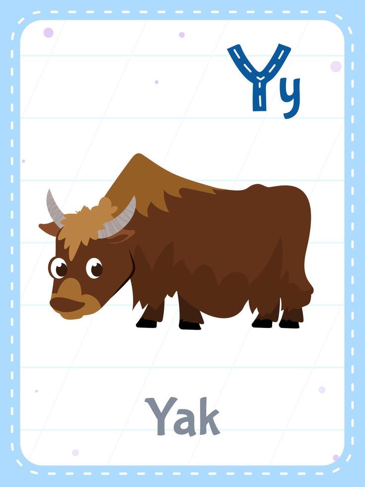 alphabet imprimable carte flash avec lettre y. dessin animé mignonne marron yak animal et Anglais mot sur éclat carte pour les enfants éducation. école Mémoire carte pour Jardin d'enfants des gamins plat illustration. vecteur