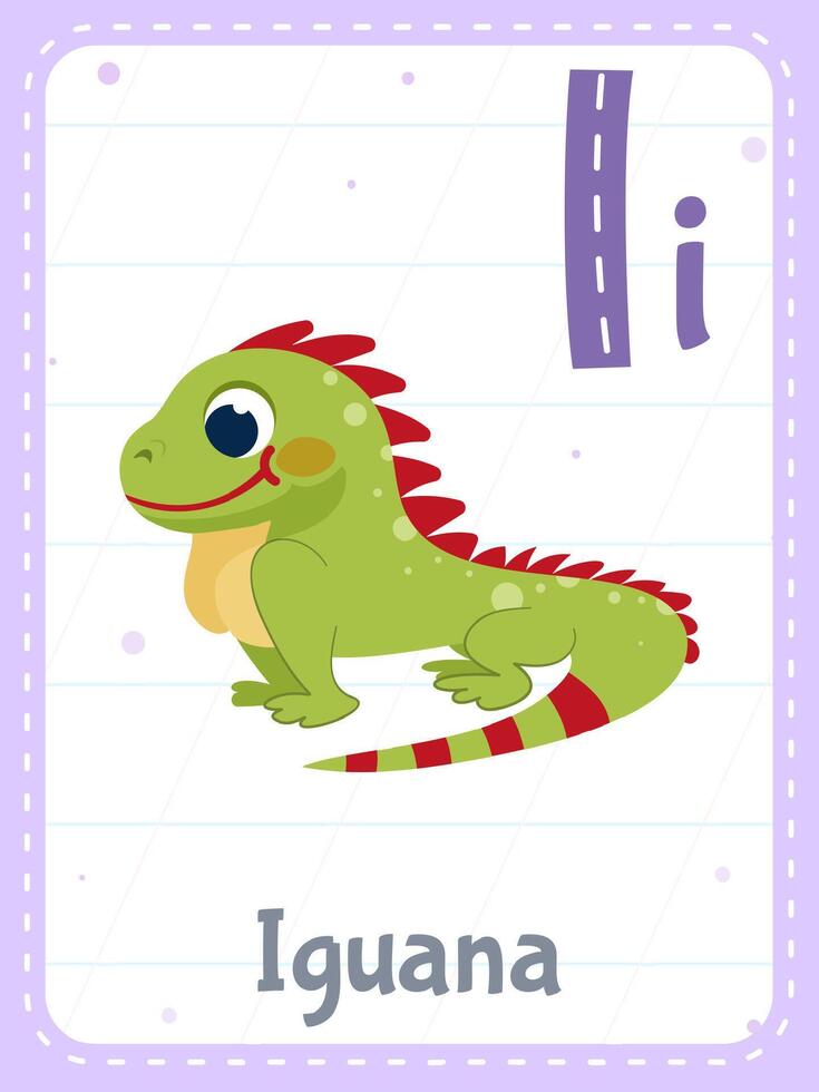 alphabet imprimable carte flash avec lettre je. dessin animé mignonne vert iguane animal et Anglais mot sur éclat carte pour les enfants éducation. école Mémoire cartes pour Jardin d'enfants des gamins plat illustration vecteur