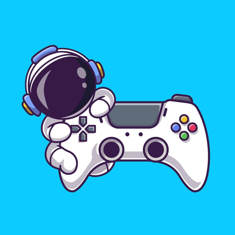 mignonne astronaute avec Jeu manette dessin animé icône illustration. science La technologie icône concept isolé prime . plat dessin animé style vecteur