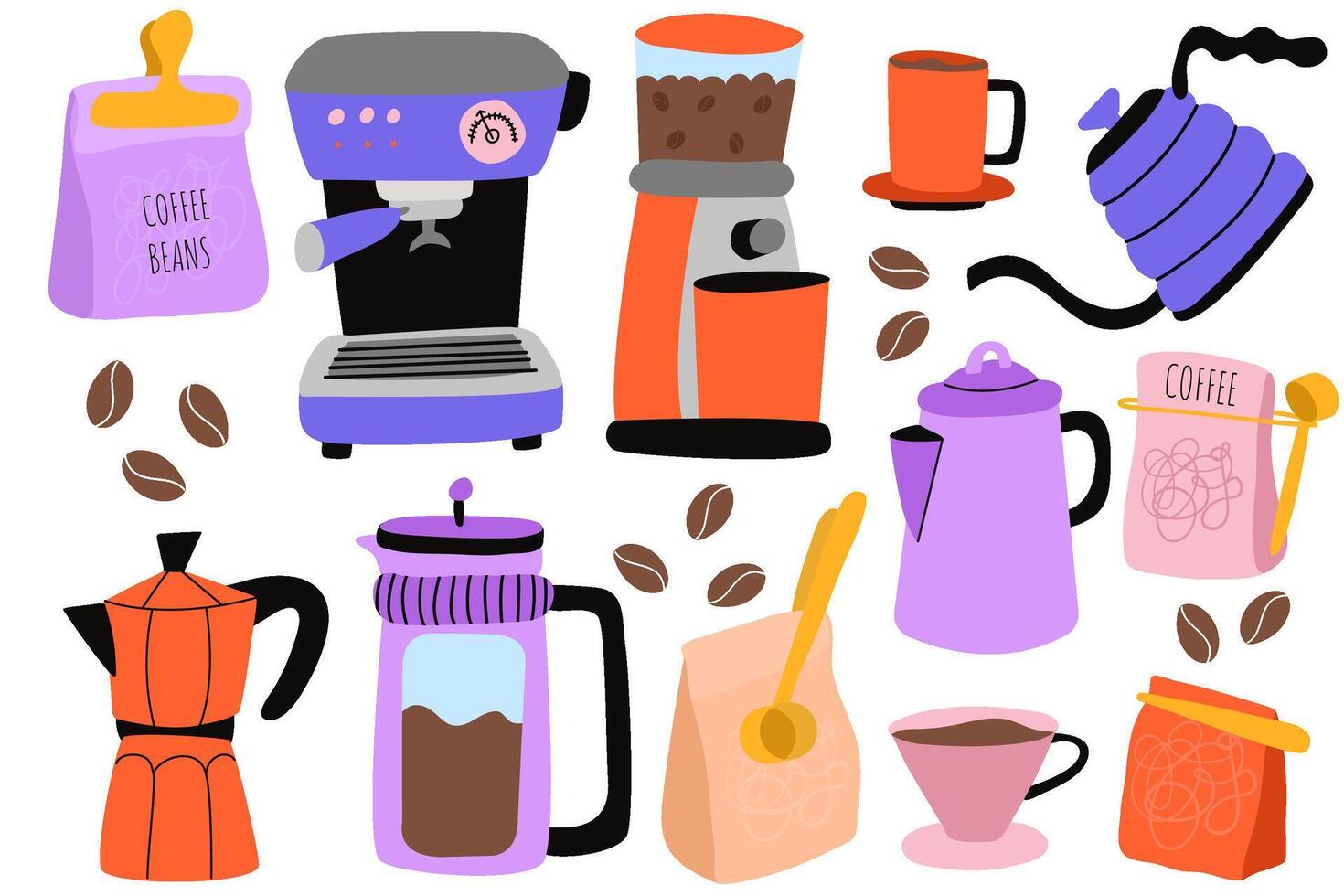 ensemble de café machine, café haricot emballage, français presse, moka pot, tasse, bouilloire Icônes. icône collection pour menu, café magasin. main tiré moderne illustration vecteur