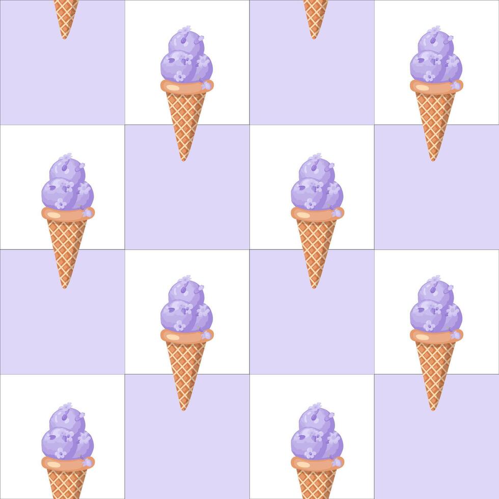 lavande la glace crème. Trois boules de crémeux sucré dessert dans une gaufre cône. violet sorbet. sans couture modèle. illustration. vecteur