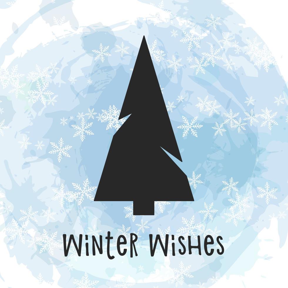 silhouette noire d'un arbre de Noël sur fond aquarelle avec des flocons de neige. joyeux noël et bonne année 2022. illustration vectorielle. voeux d'hiver. vecteur