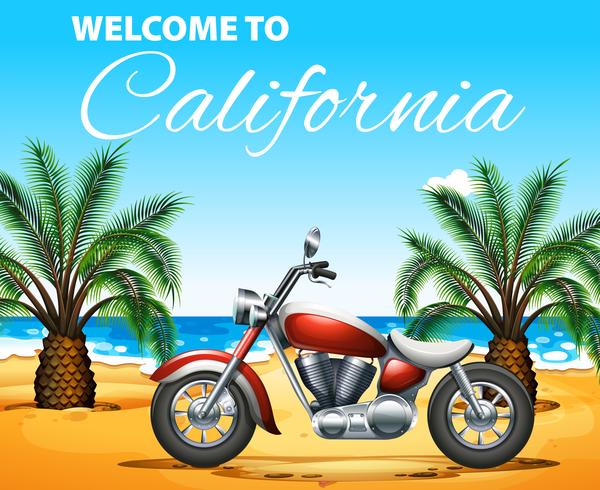 Bienvenue à la conception de l&#39;affiche en Californie avec moto sur la plage vecteur