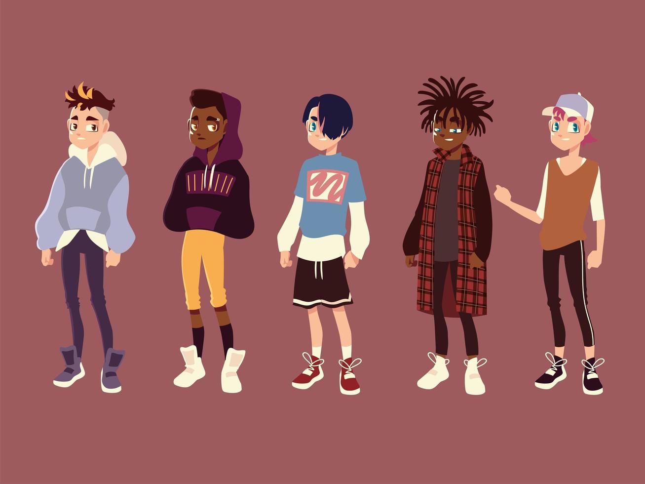 groupe d'amis adolescents coiffure vêtements à la mode, jeune culture, dessin vectoriel