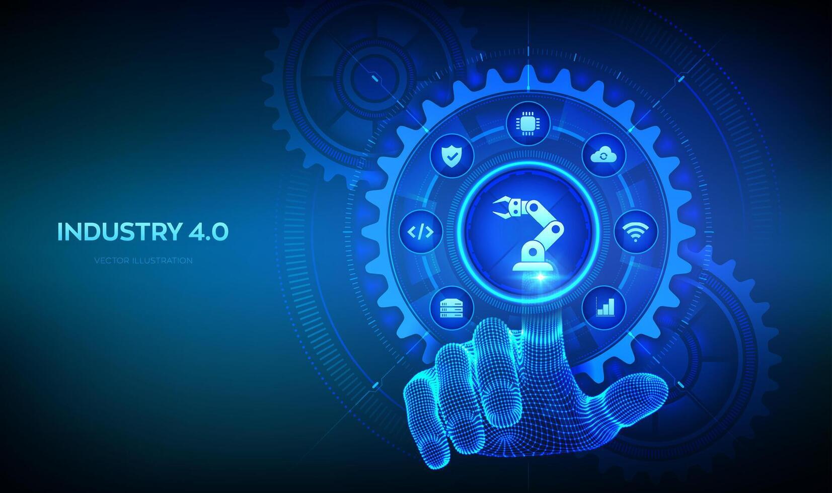 intelligent industrie 4.0 concept. usine automatisation. autonome industriel technologie. industriel révolutions pas. filaire main émouvant numérique interface avec connecté engrenages rouages et Icônes. . vecteur