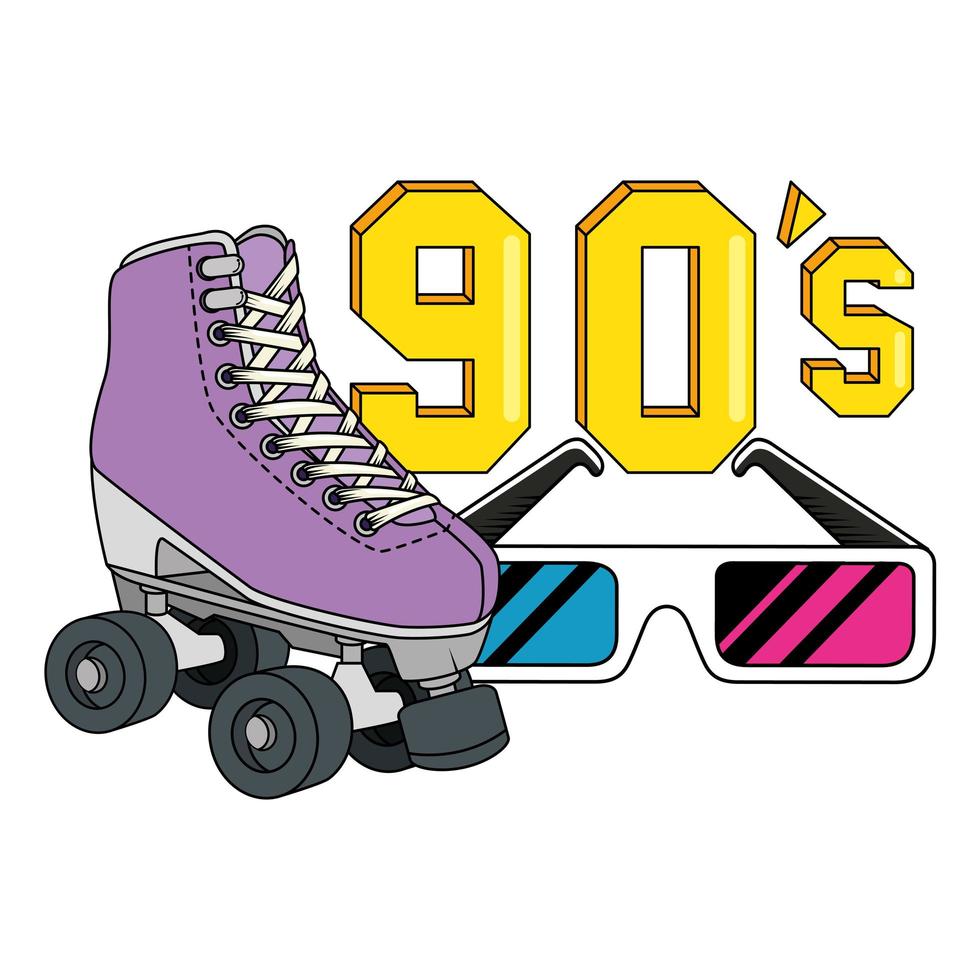 patin à roulettes avec des lunettes de style rétro des années 90 vecteur