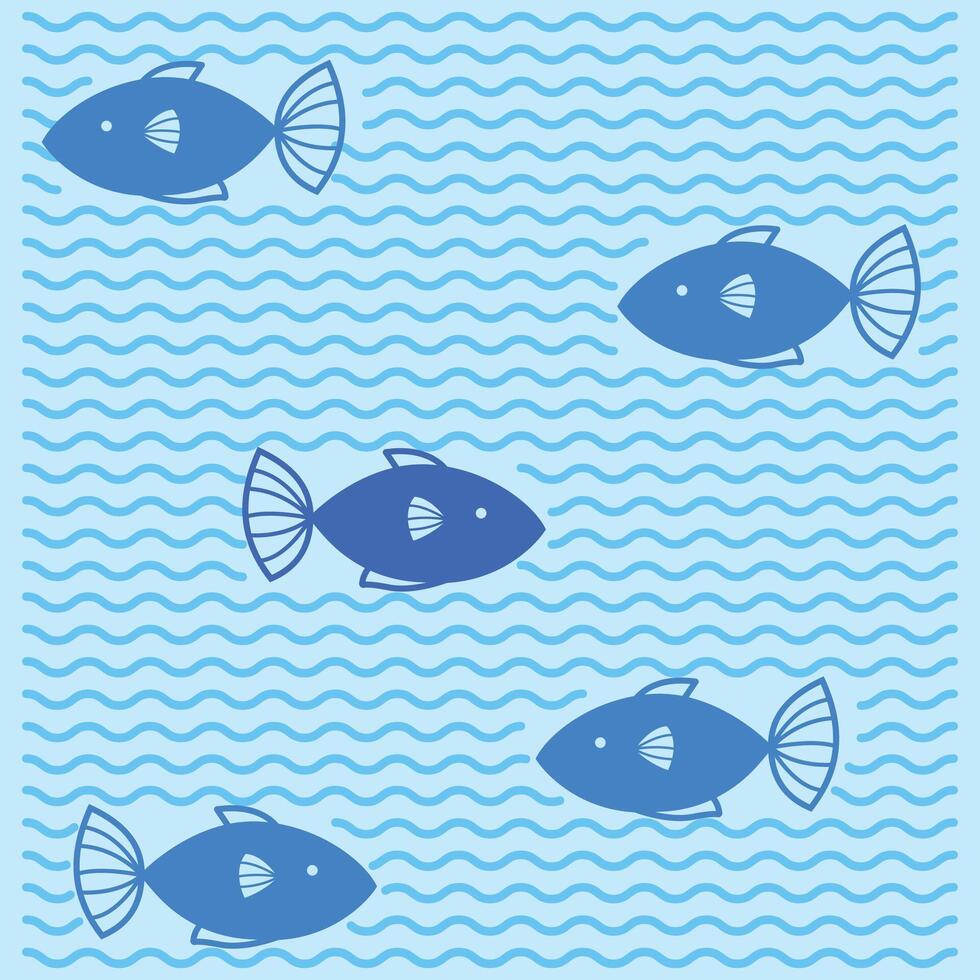 poisson et mer l'eau vagues illustration isolé sur carré bleu Contexte. Facile plat dessin animé stylé dessin. vecteur