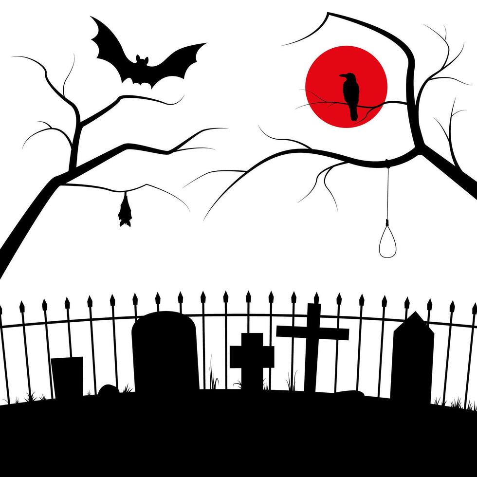 le effrayant silhouette de une cimetière avec pierres tombales, des croix et une clôture. vecteur