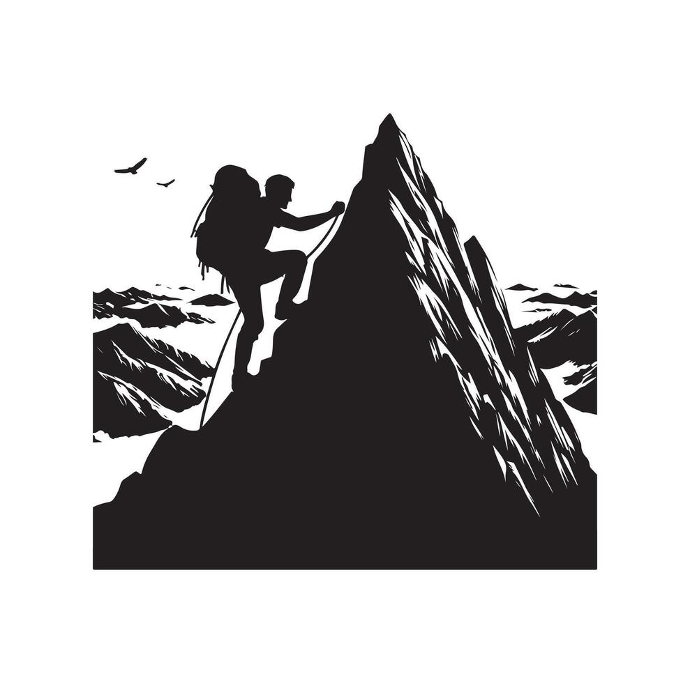 une homme escalade Montagne Montagne montée icône. randonnée icône symbole. Montagne montée illustration sur isolé Contexte vecteur