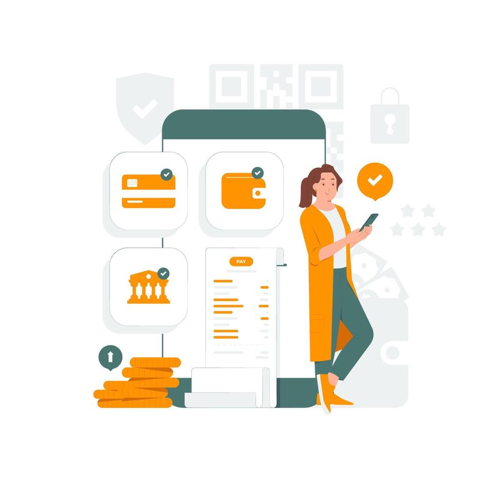 femme payant argent en ligne transfert, numérique paiement, e portefeuille, mobile transaction concept illustration vecteur
