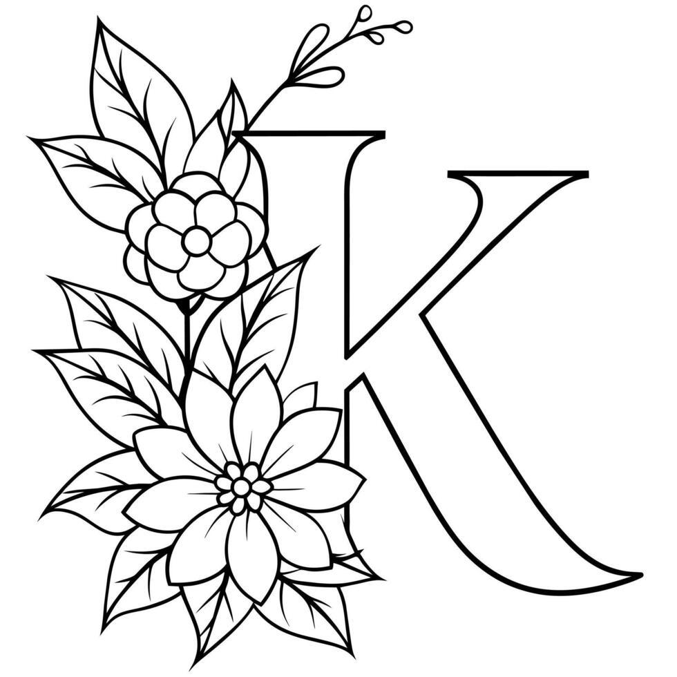 alphabet k coloration page avec le fleur, k lettre numérique contour floral coloration page, abc coloration page vecteur