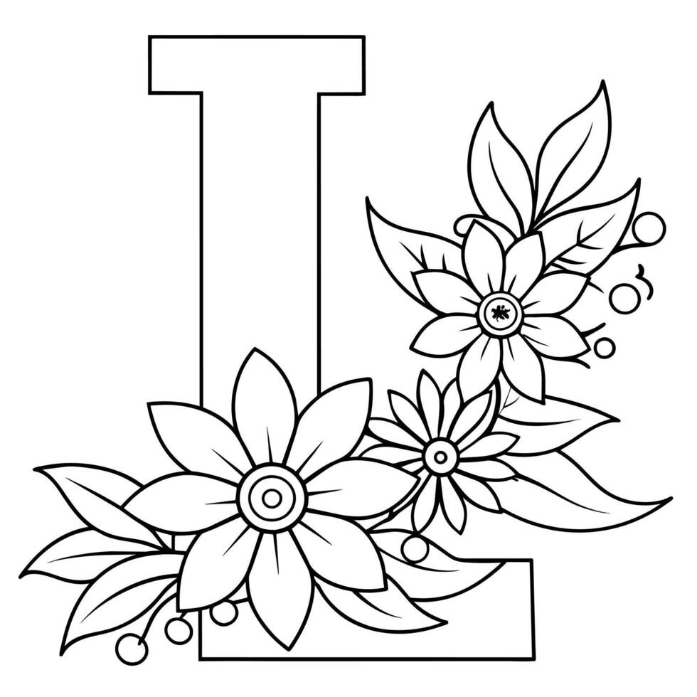 alphabet l coloration page avec le fleur, l lettre numérique contour floral coloration page, abc coloration page vecteur