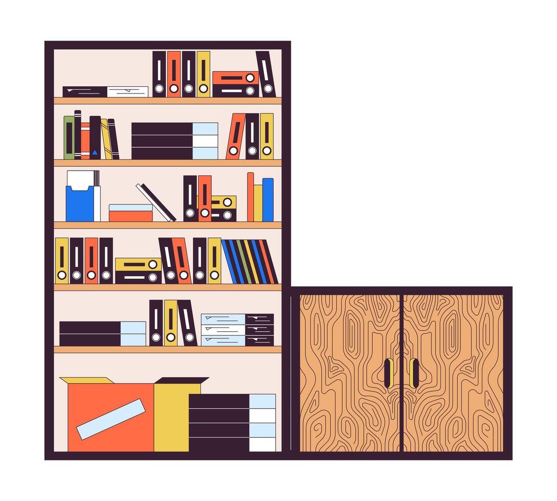 étagères avec en bois cabinet 2d linéaire dessin animé objets. moderne Bureau ameublement isolé ligne éléments blanc Contexte. entreprise intérieur conception Couleur plat place illustration vecteur