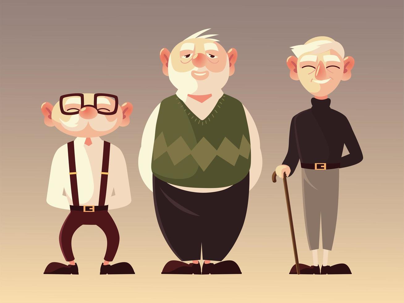 personnes âgées hommes personnages cartoon avec lunettes et bâton de marche vecteur