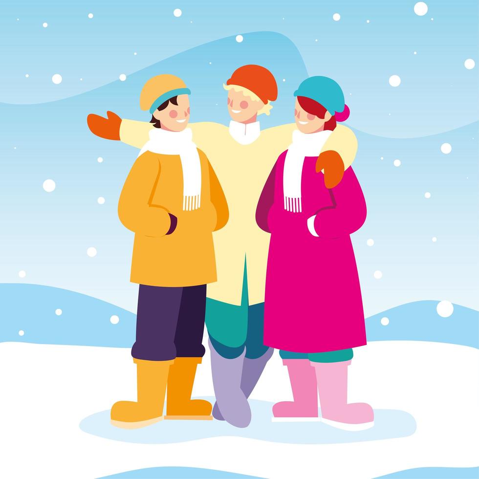 groupe de personnes avec des vêtements d'hiver en paysage avec des chutes de neige vecteur