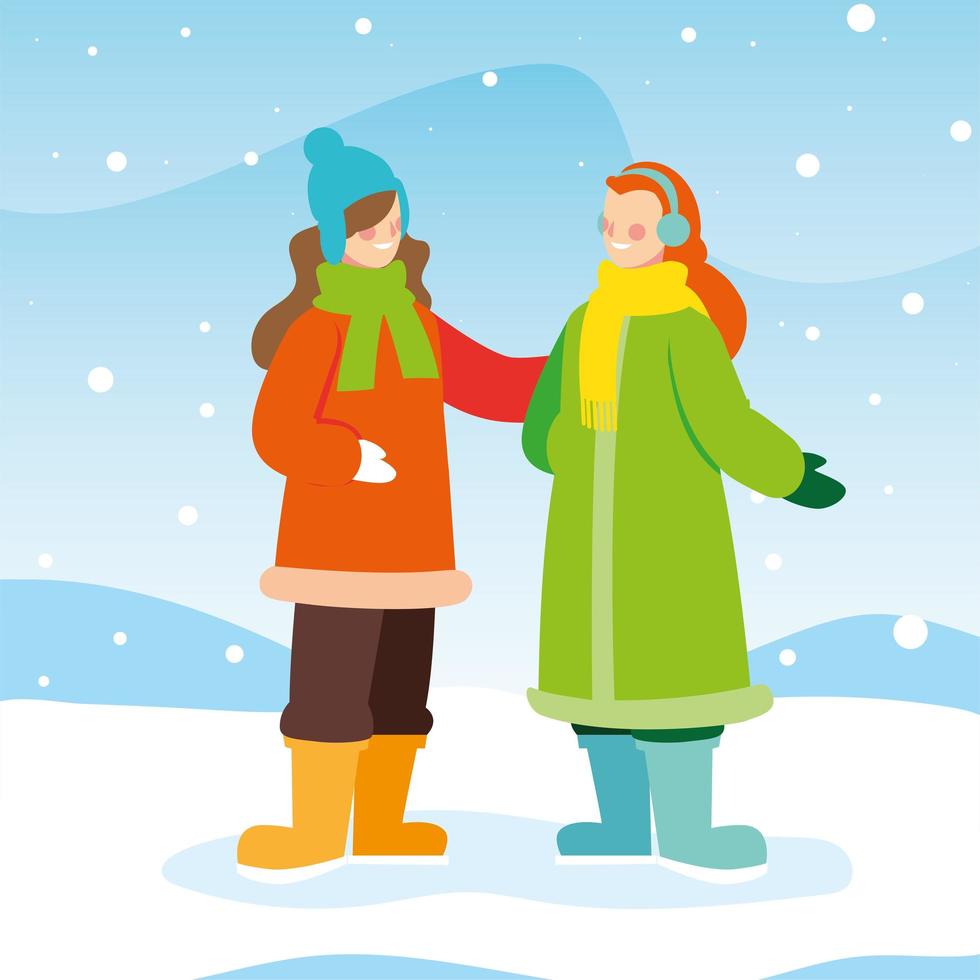 femmes avec des vêtements d'hiver en paysage avec des chutes de neige vecteur