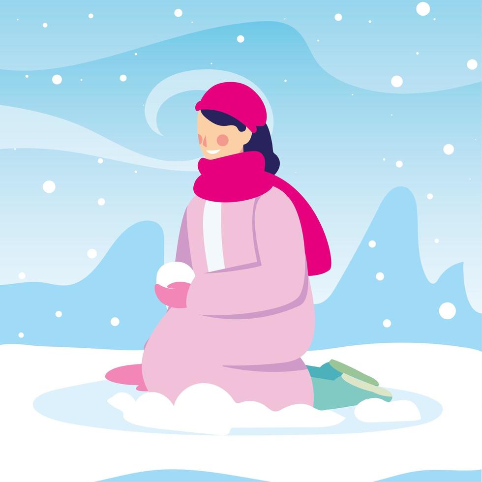 femme avec des vêtements d'hiver en paysage avec des chutes de neige vecteur
