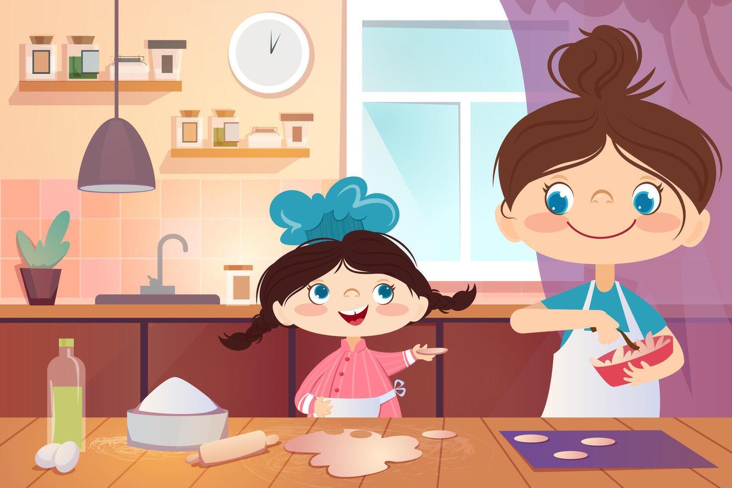 dessin animé mignonne peu fille chef avec mère cuisine biscuit à maison. petit enfant dans tablier et chapeau cuisinier dans le cuisine tableau. Jeune personnage avec maman fabrication biscuits de Pâtisserie plat illustration. vecteur