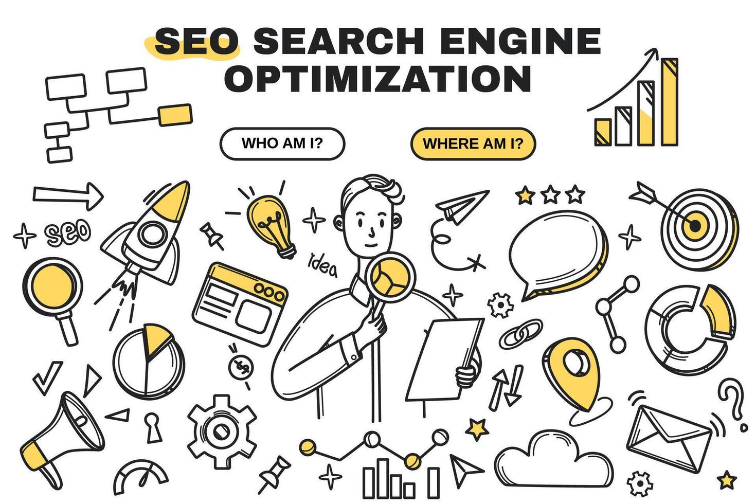 social médias analytique, Ventes la gestion et numérique commercialisation optimisation concept. griffonnage Icônes de seo technologie, statistique une analyse avec graphiques et graphiques. en ligne chercher illustration. vecteur