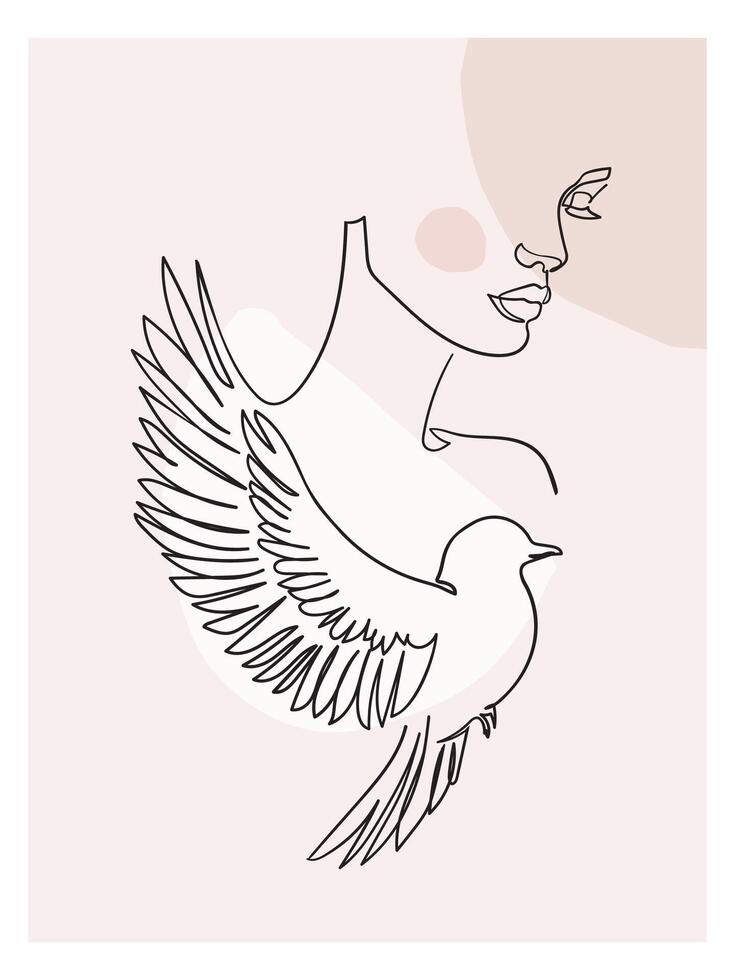 femme avec oiseau. portrait minimaliste style. ligne art illustration. vecteur