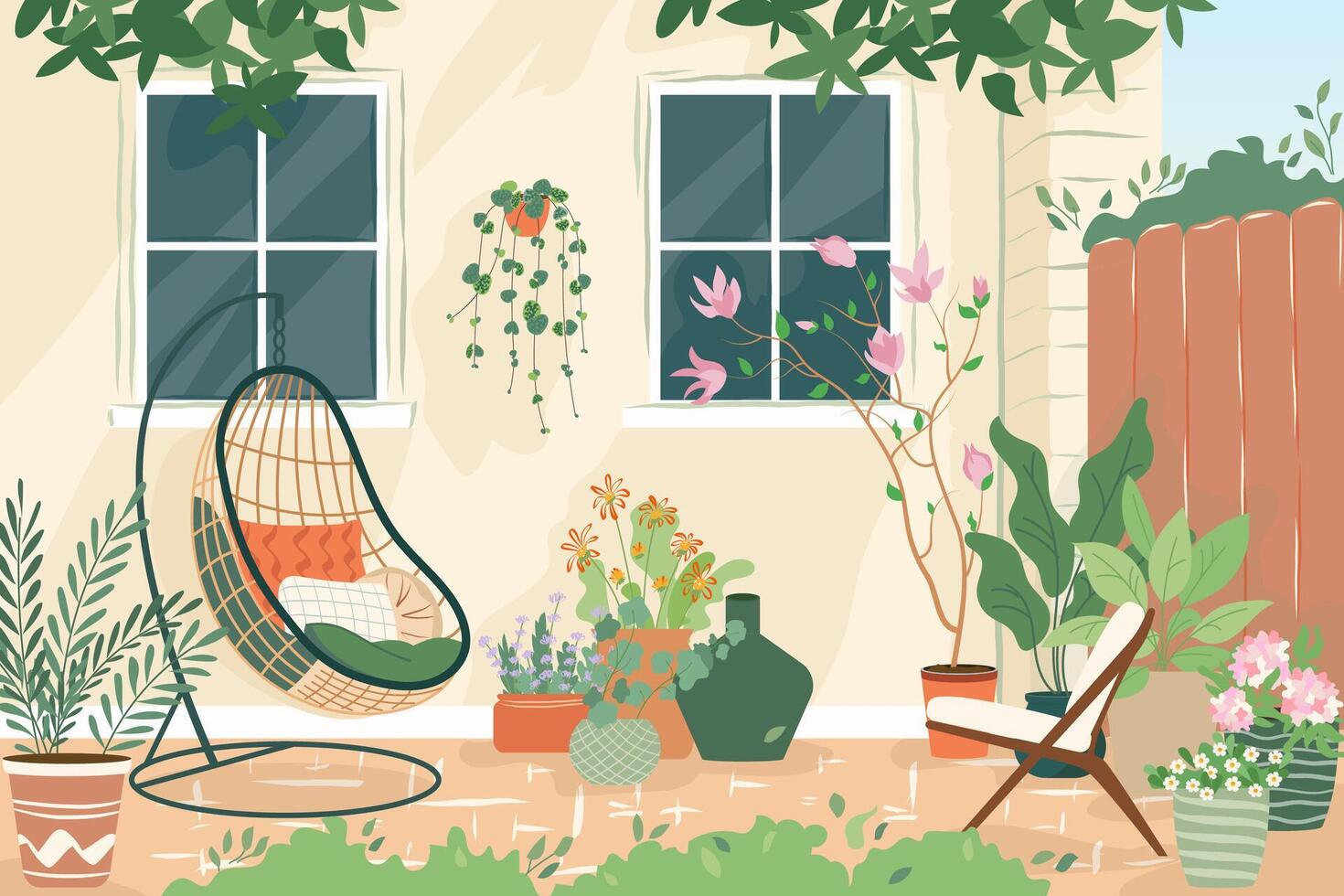 confortable arrière-cour avec pendaison chaise et les plantes dans des pots maison patio avec clôture, meubles pour pique-nique vert herbe et arbre été paysage de Cour dessin animé illustration vecteur