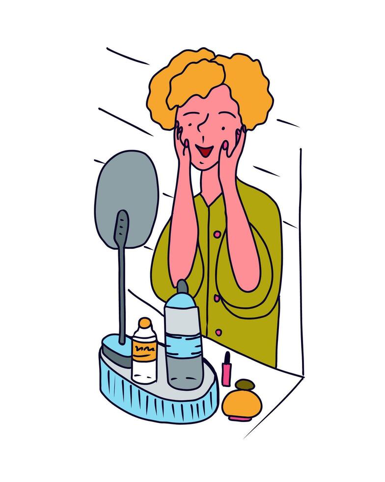 femme dans le salle de bains lavages sa visage dans de face de le miroir. main tiré illustration. vecteur