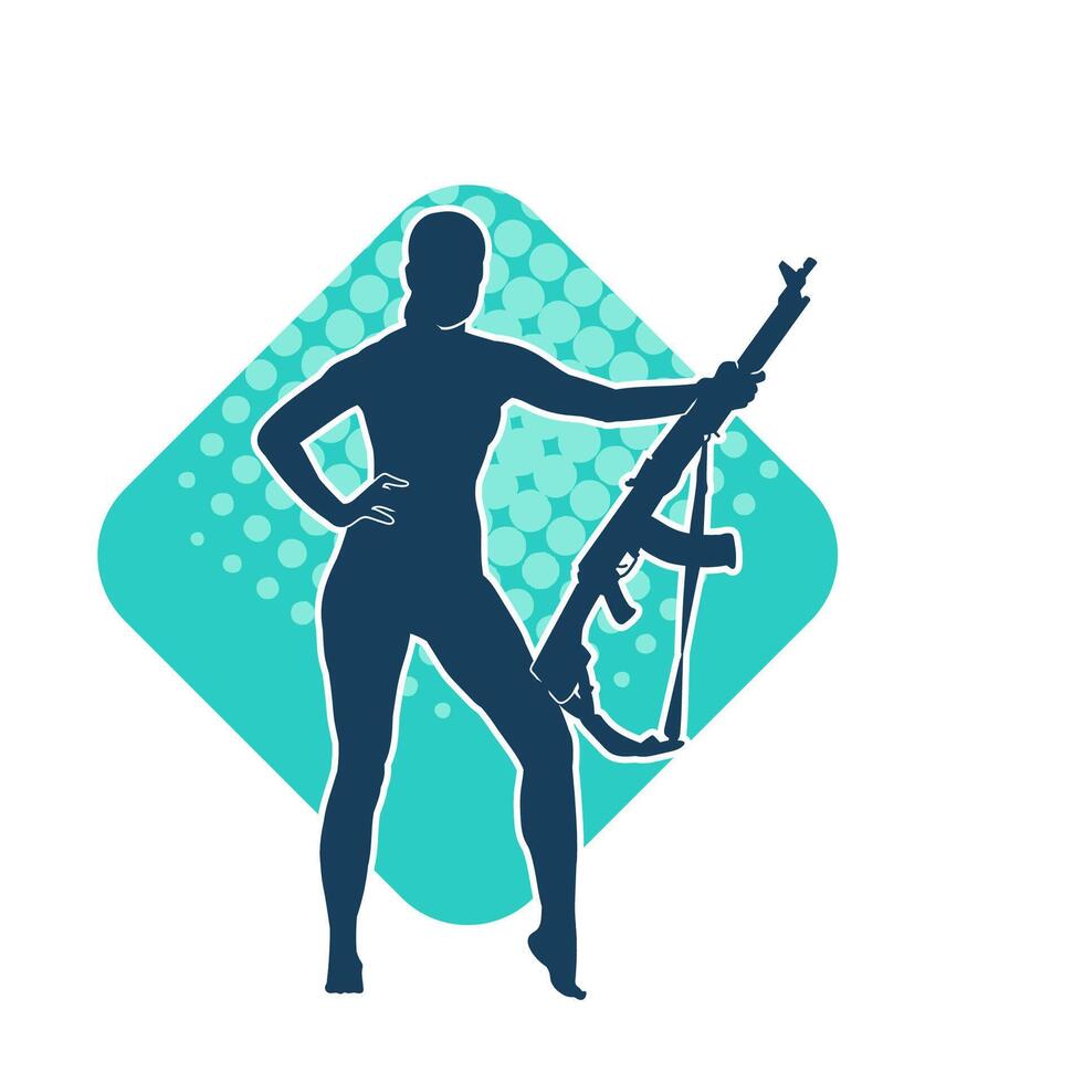 silhouette de une femelle guerrier dans pose avec machine pistolet arme vecteur