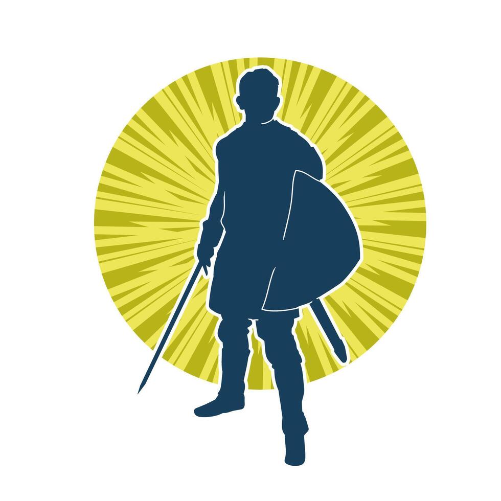silhouette de une Masculin guerrier portant guerre armure costume dans action pose en utilisant une épée arme. vecteur