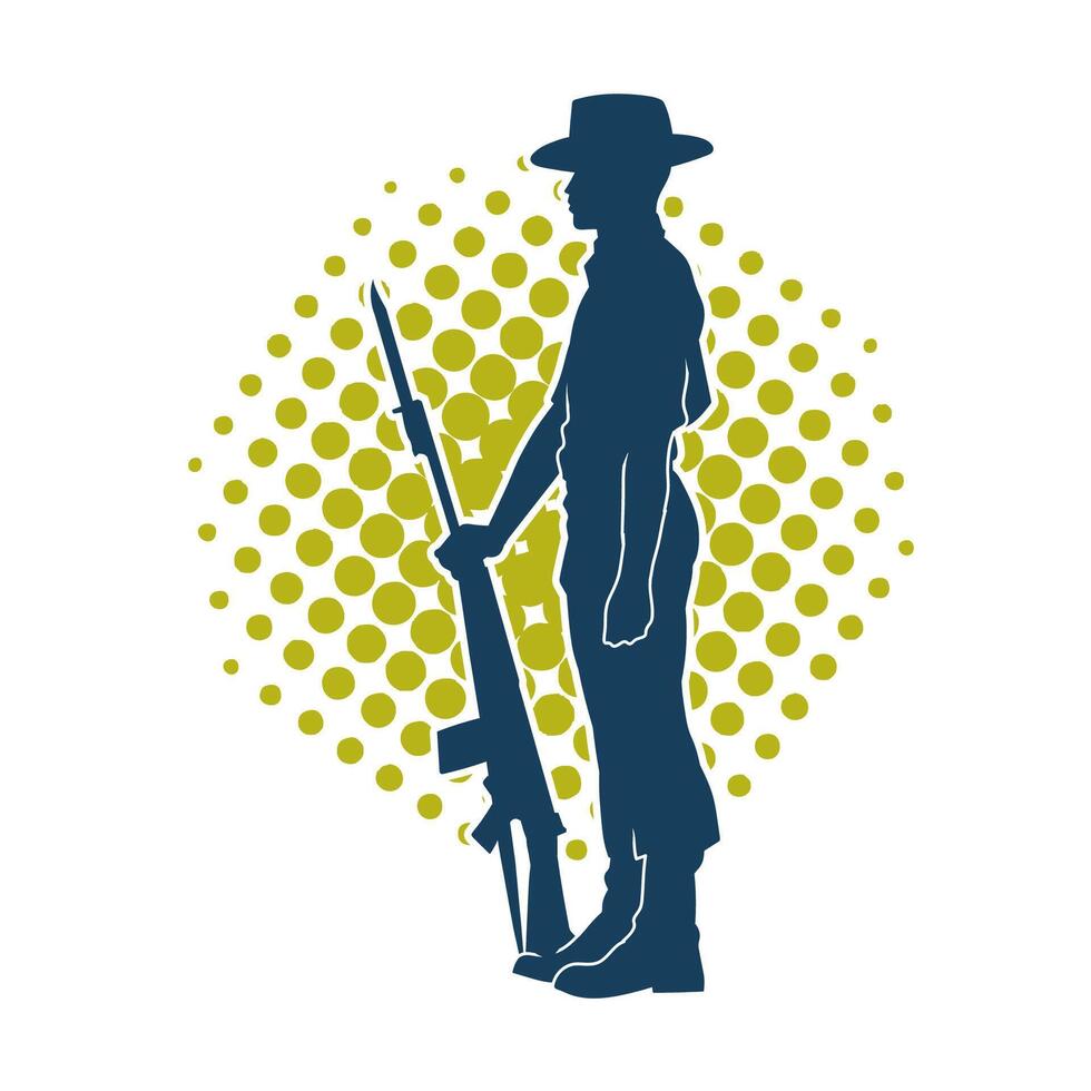 silhouette de une Masculin garde portant cow-boy chapeau porter riffle pistolet arme vecteur