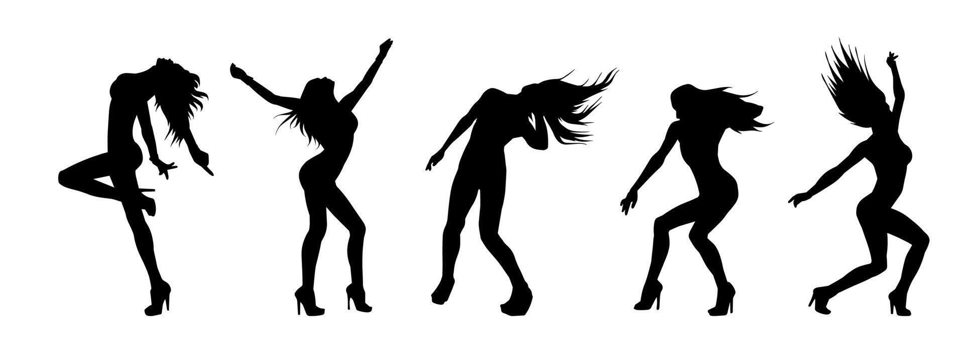 silhouette collection de femelle Danseur dans action pose. silhouette groupe de une svelte femme dans dansant pose. vecteur