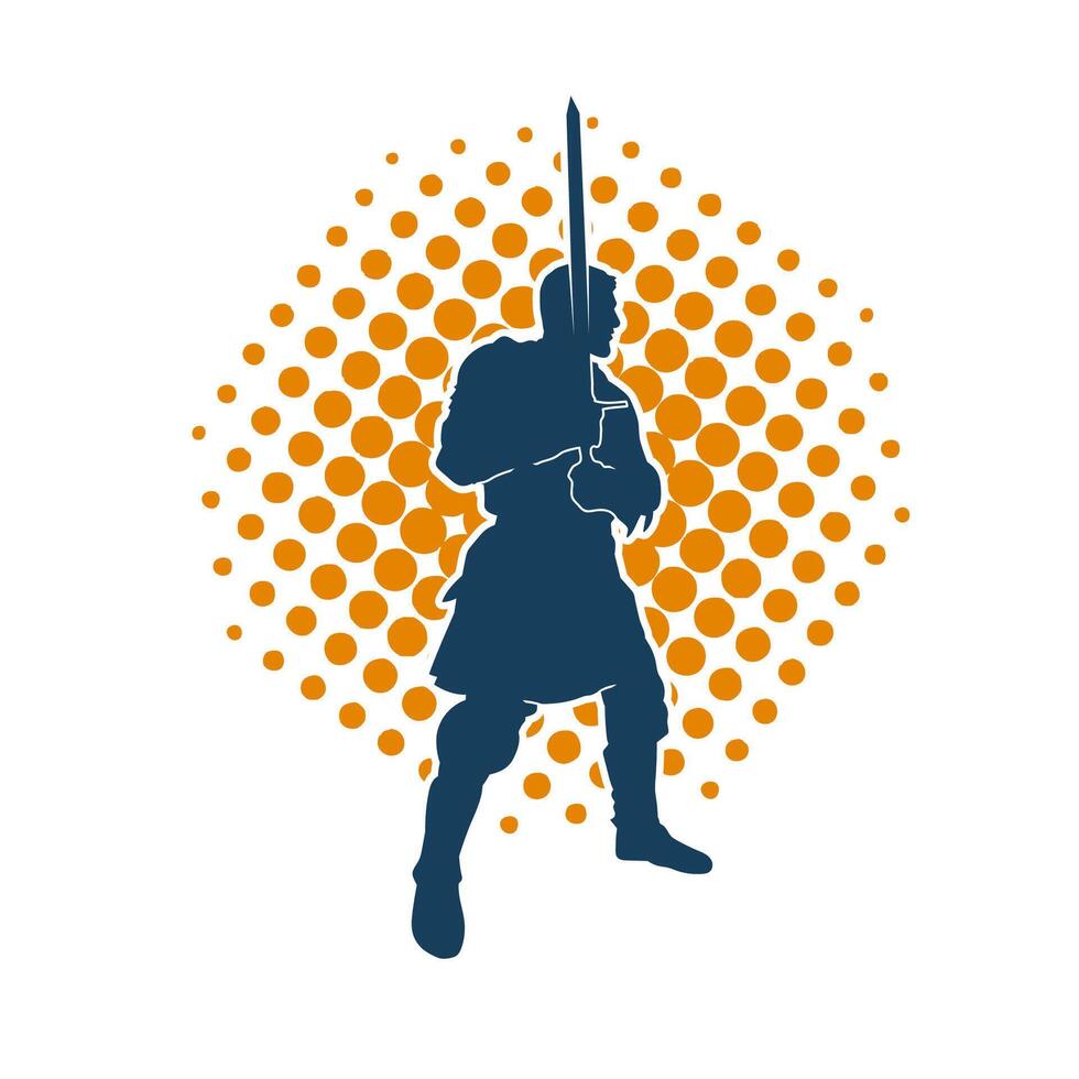 silhouette de une Masculin guerrier portant guerre armure costume dans action pose en utilisant une épée arme. vecteur