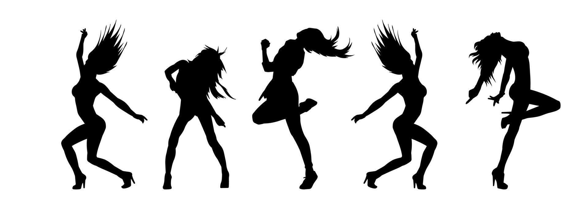 silhouette collection de femelle Danseur dans action pose. silhouette groupe de une svelte femme dans dansant pose. vecteur