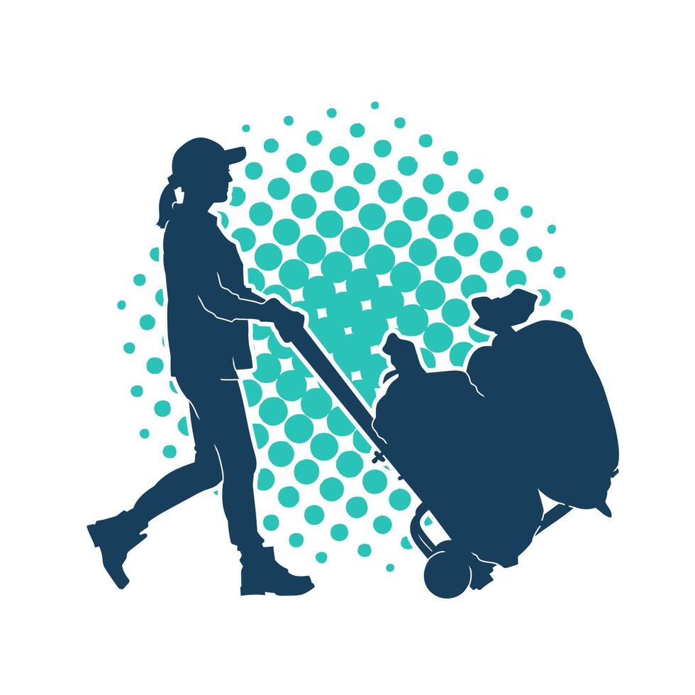 silhouette de une femelle ouvrier pousser Lori roues transportant sacs vecteur