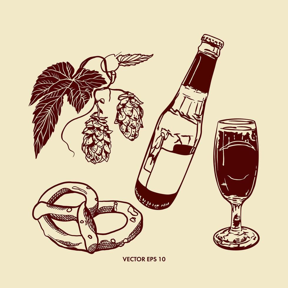 bière, bouteille, verre gobelet, bretzel, saut plante. main tiré illustration dans graphique style. conception de menus, du vin et Bière cartes, Étiquettes, bannières, dépliants. vecteur