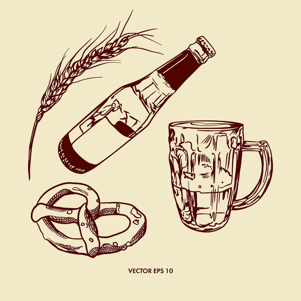 bière, bouteille, verre gobelet, bretzel, blé. main tiré illustration dans graphique style. conception de menus, du vin et Bière cartes, Étiquettes, bannières, dépliants. vecteur