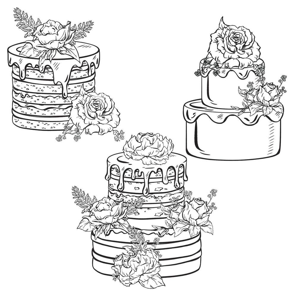 monochrome illustration de Trois Gâteaux orné avec fleurs vecteur