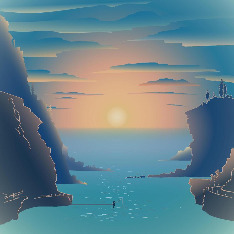 paysage marin avec Montagne pistes et une pêcheur séance seul sur une jetée. Matin Soleil et mer brume de lumière. illustration avec pente. vecteur