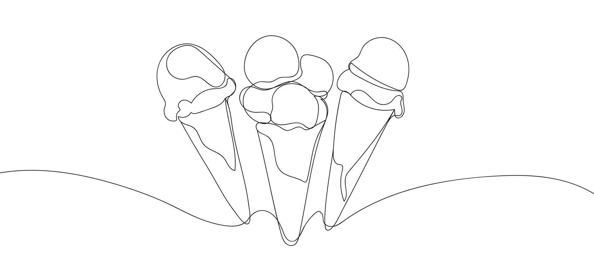 la glace crème continu ligne dessin. un ligne la glace crème dans gaufre cône. symbole dessert gelato dans Facile linéaire style. différent type la glace crème été ensemble. main tiré minimaliste style illustration vecteur