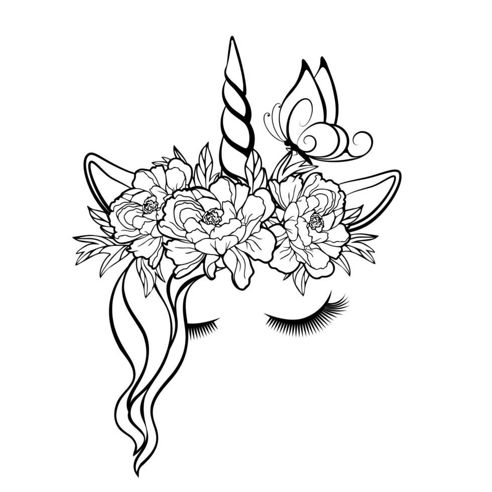 vecteur visage de licorne aux yeux fermés, papillon et couronne de fleurs. contour noir isolé sur fond blanc.