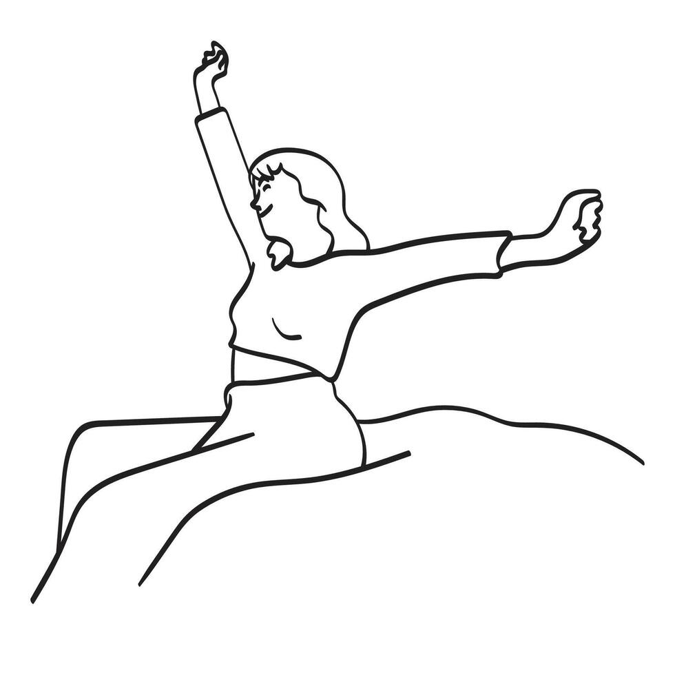 femme qui élongation après en train de dormir dans lit illustration main tiré isolé sur blanc Contexte vecteur