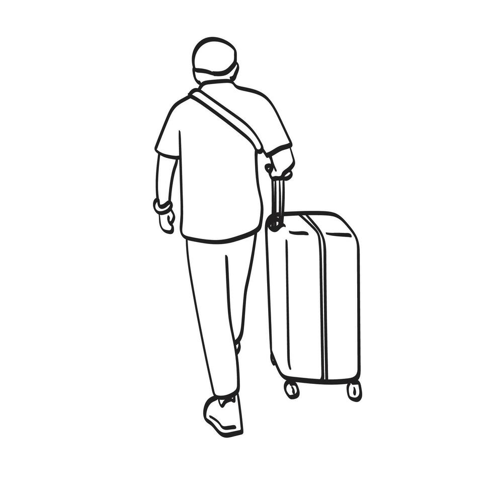 retour vue de homme avec valise pour Voyage illustration main tiré isolé sur blanc Contexte vecteur