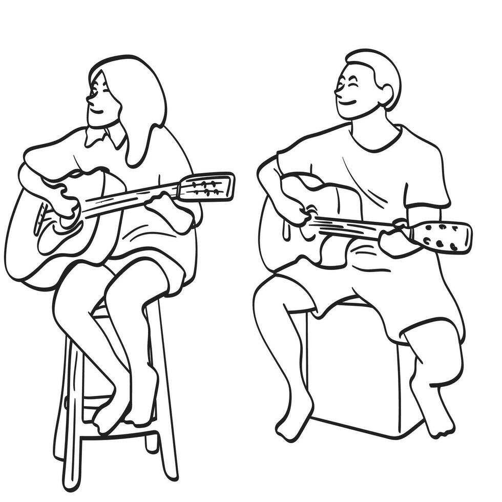 homme et femme en jouant acoustique guitare illustration main tiré isolé sur blanc Contexte vecteur