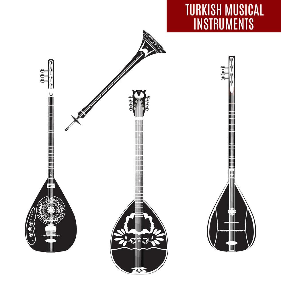 noir et blanc traditionnel turc musical instruments vecteur