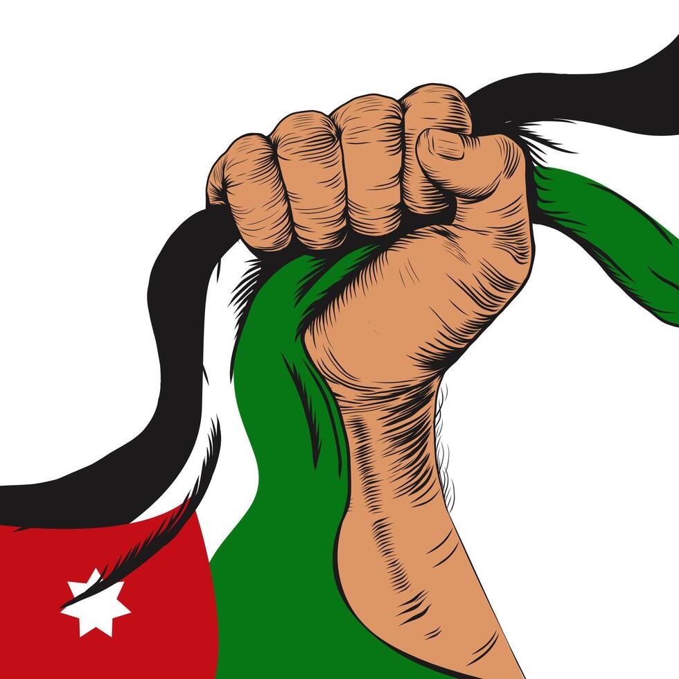 25 peut. content indépendance journée salutation carte pour le pays de Jordan avec serré poing et drapeau ruban. main en portant Jordan drapeau pour bannière, social médias, carte. illustration vecteur