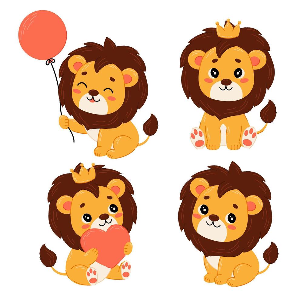 ensemble de des illustrations de une mignonne lion. Lion avec une balle, dans une couronne, avec une cœur dans une plat style. des gamins imprimer. vecteur