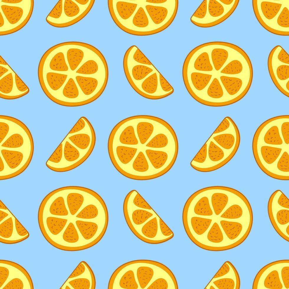 modèle pièces de des oranges sur une bleu Contexte. tranche et cercle de agrumes fruit. acide goût. été modèle. brillant couleurs. illustration. vecteur