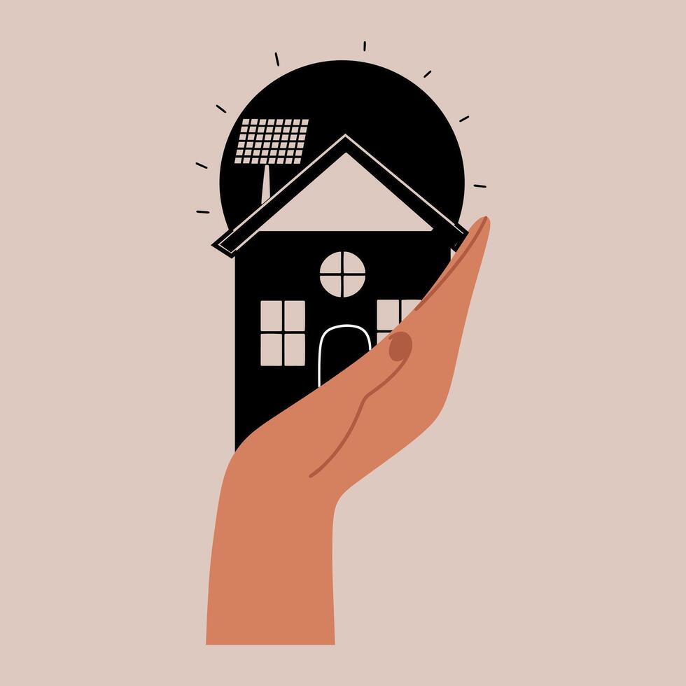 respectueux de la nature Consommation personnelle concept. main en portant une maison avec une solaire panneau. illustration vecteur