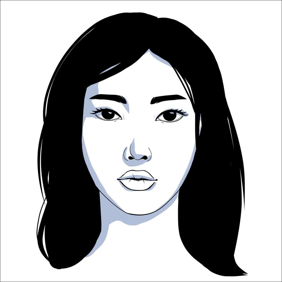 portrait de magnifique asiatique femme avec une longue cheveux dans noir et blanc avec ombre. doux silhouette, mode illustration. visage complet portrait vecteur