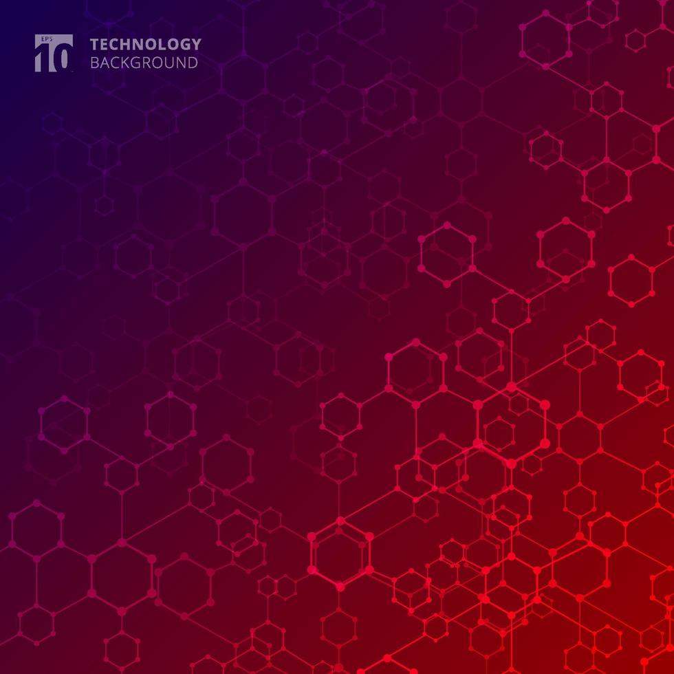 hexagone de technologie géométrique abstraite avec des lignes de points connexion fond dégradé bleu et rouge. vecteur