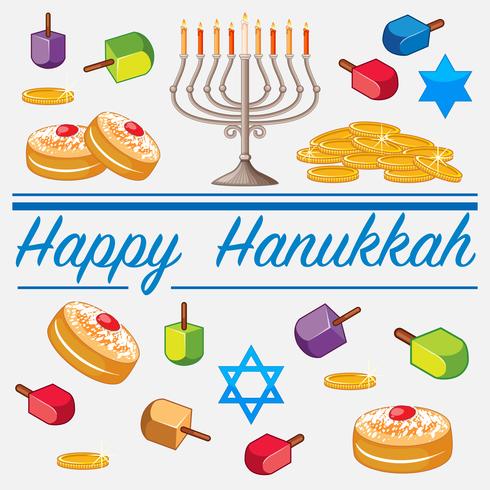 Modèle de carte Happy Hanukkah avec des aliments et des bougies vecteur